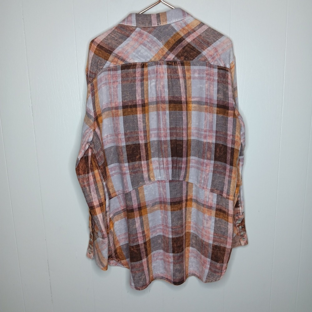 Free People Easy Street Tunic Shirt Size L Pink Plaid Flannel Country Festival - Picture 7 of 8